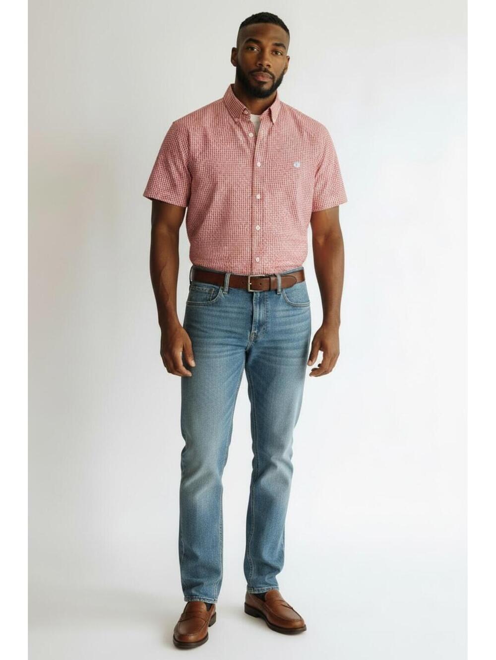 Chaps Easy Care Red and White Gingham Short Sleeve Button-Up Shirt, Size XXL